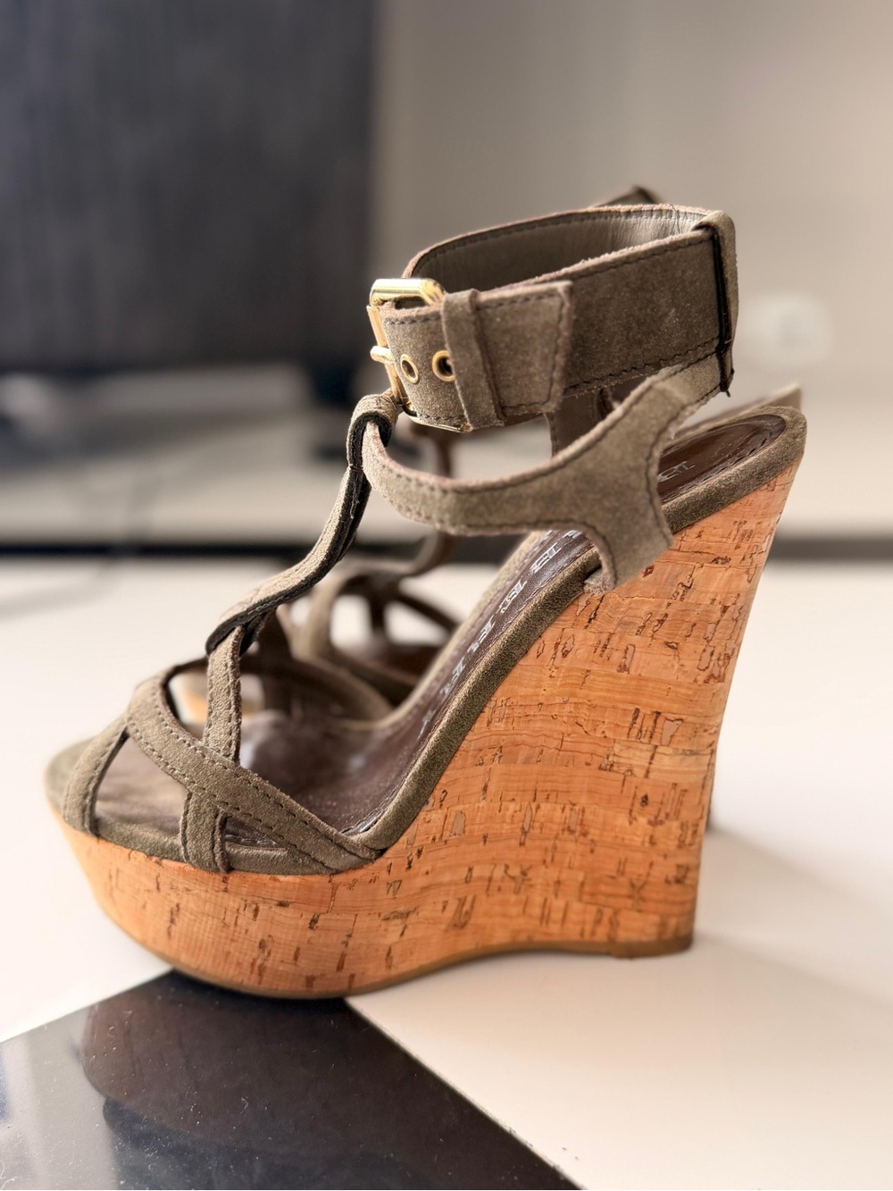 Burberry Olive Suede Cork Wedge Sandals